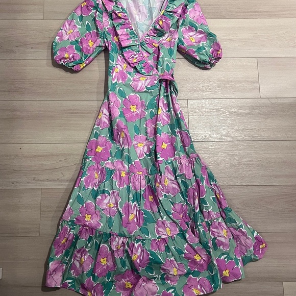 RIXO Frida Midi Wrap Dress S Small Petite Pink Ruffled Floral Print Crepe Boho - Picture 4 of 16